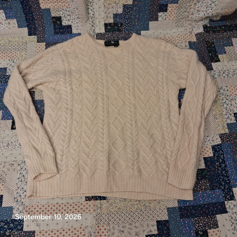 Saks Fifth Avenue 100% Cashmere Sweater Mens M 4-Ply Cable Knit Crewneck Beige